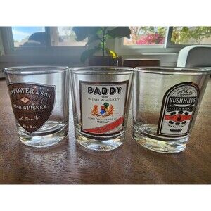 RARE Set Of 3x Top Irish Whiskey Shot Glasses | Bushmills, Paddy, John Power Son